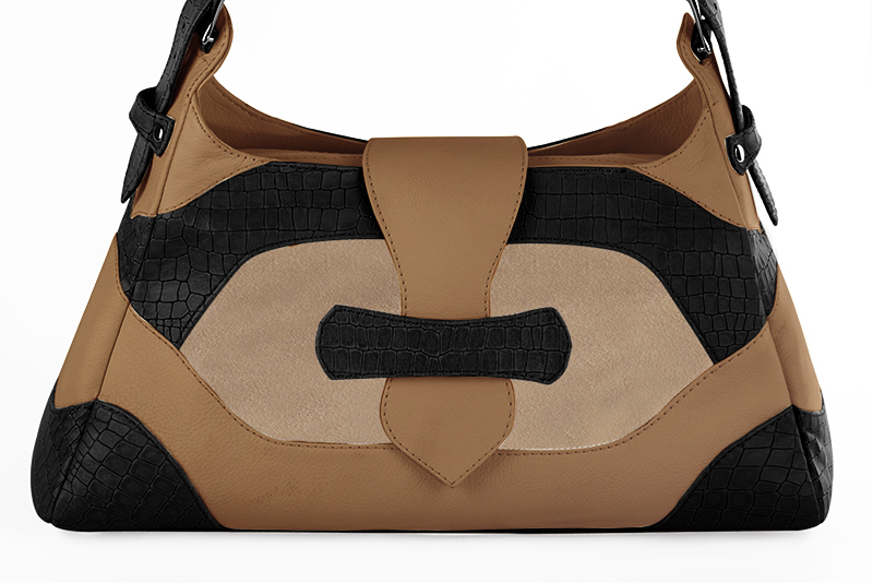 Dress handbag in satin black, tan beige and camel beige leather - Profile view
